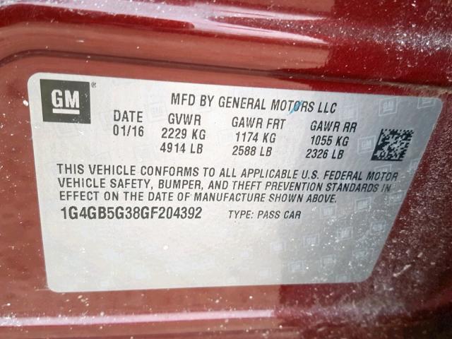 1G4GB5G38GF204392 - 2016 BUICK LACROSSE RED photo 10