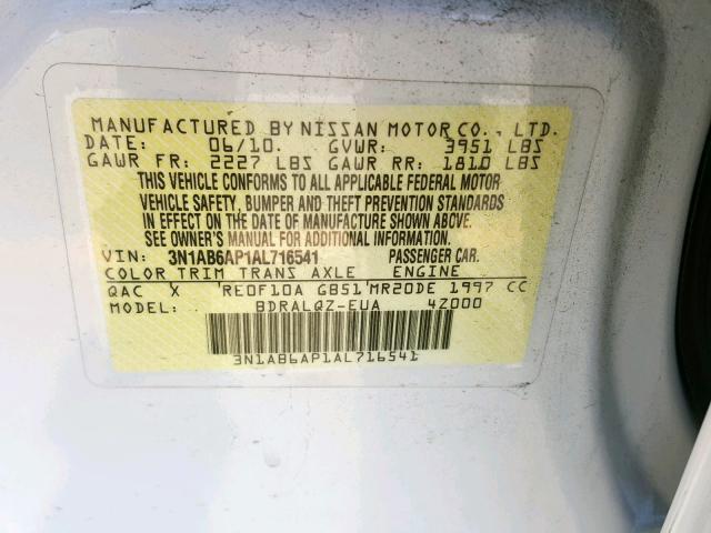 3N1AB6AP1AL716541 - 2010 NISSAN SENTRA 2.0 WHITE photo 10