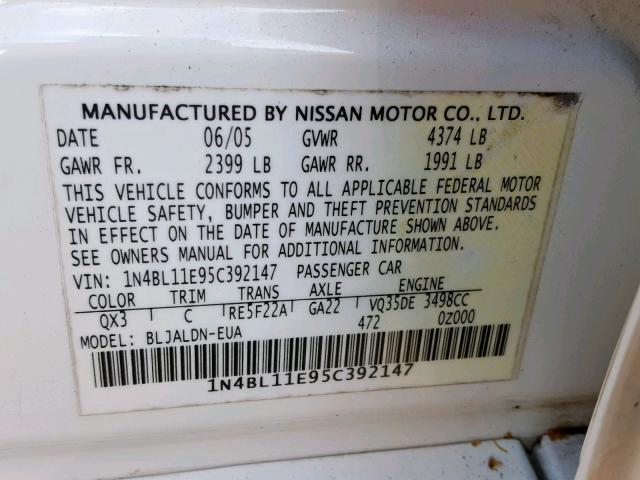 1N4BL11E95C392147 - 2005 NISSAN ALTIMA SE WHITE photo 10