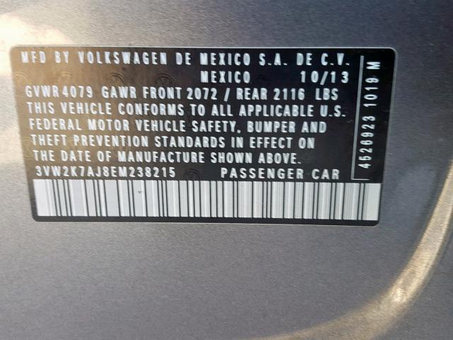 3VW2K7AJ8EM238215 - 2014 VOLKSWAGEN JETTA BASE GRAY photo 10