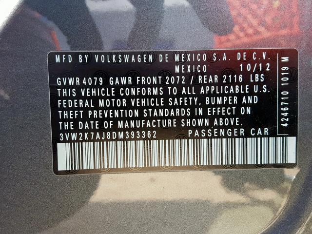 3VW2K7AJ8DM393362 - 2013 VOLKSWAGEN JETTA BASE GRAY photo 10