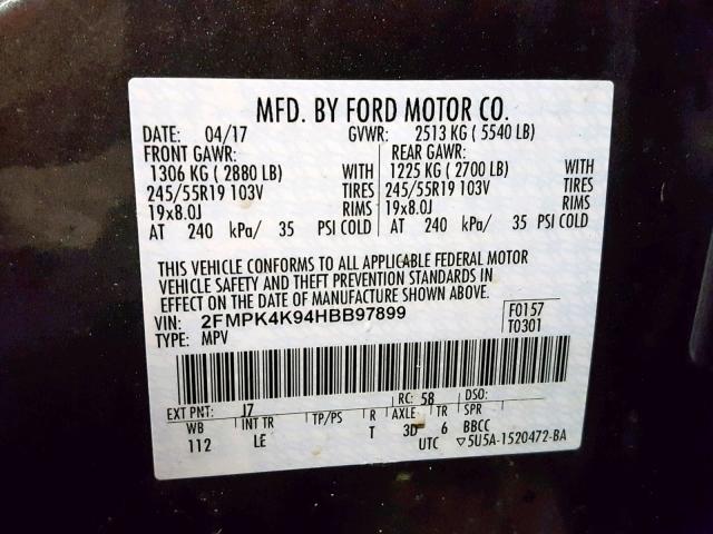 2FMPK4K94HBB97899 - 2017 FORD EDGE TITAN GRAY photo 10