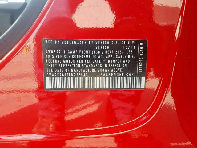 3VW2K7AJ2FM226949 - 2015 VOLKSWAGEN JETTA BASE 红色 照片 10