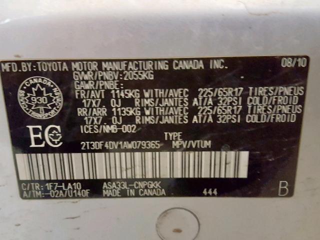 2T3DF4DV1AW079365 - 2010 TOYOTA RAV4 LIMIT SILVER photo 10