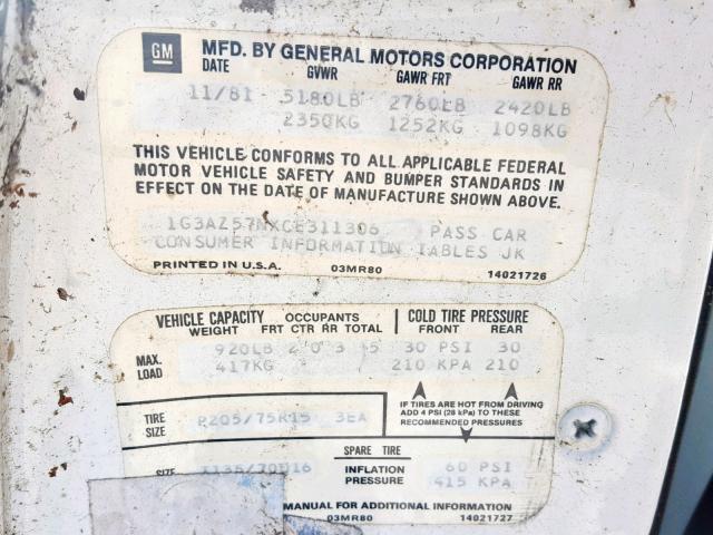 1G3AZ57NXCE311306 - 1982 OLDSMOBILE TORONADO B WHITE photo 10