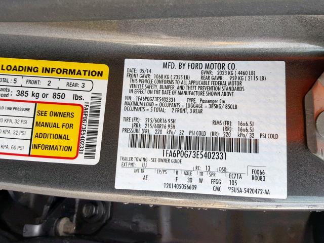 1FA6P0G73E5402331 - 2014 FORD FUSION S GRAY photo 10