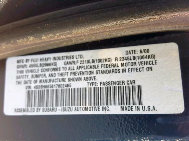 4S3BH665617602465 - 2001 SUBARU LEGACY OUT BLUE photo 10