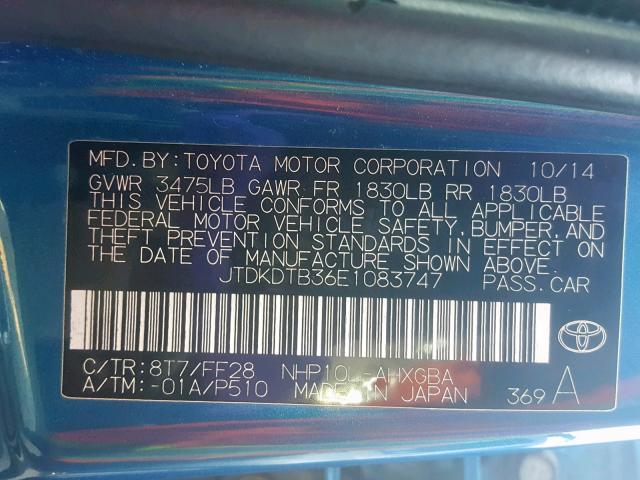 JTDKDTB36E1083747 - 2014 TOYOTA PRIUS C BLUE photo 10