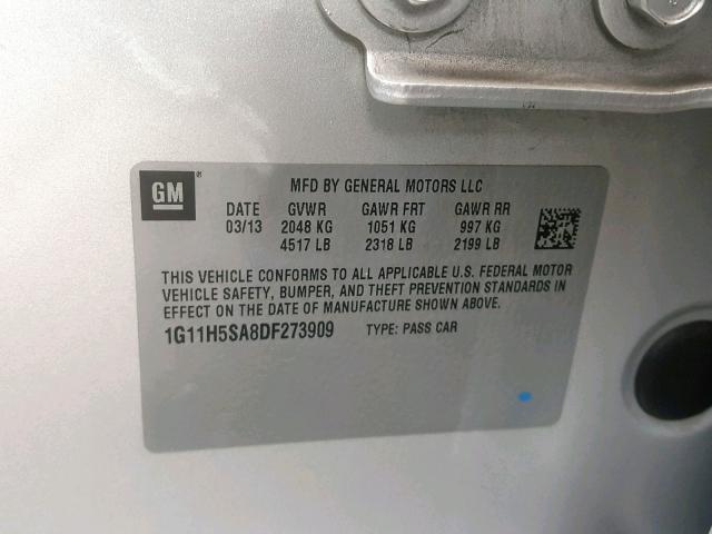 1G11H5SA8DF273909 - 2013 CHEVROLET MALIBU LTZ ვერცხლისფერი ფოტო 10