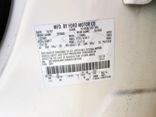 2FMDK48C58BA18159 - 2008 FORD EDGE SEL WHITE photo 10