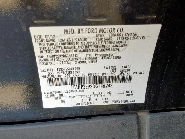 1FAHP2E92DG146243 - 2013 FORD TAURUS SEL BLACK photo 10