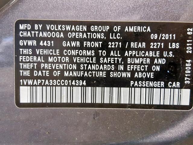 1VWAP7A33CC014394 - 2012 VOLKSWAGEN PASSAT S GRAY photo 10