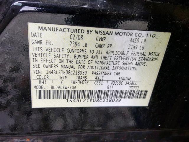 1N4BL21E08C218039 - 2008 NISSAN ALTIMA 3.5 BLACK photo 10