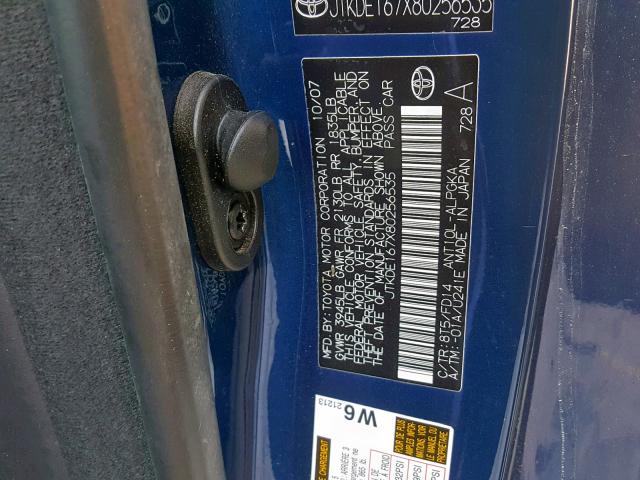 JTKDE167X80256535 - 2008 TOYOTA SCION TC ლურჯი ფოტო 10