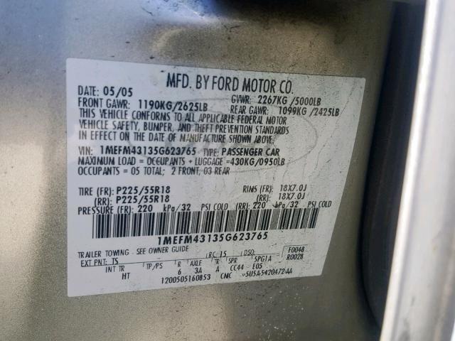 1MEFM43135G623765 - 2005 MERCURY MONTEGO PR SILVER photo 10