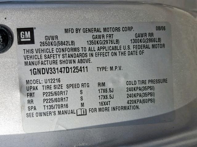 1GNDV33147D125411 - 2007 CHEVROLET UPLANDER L 银色 照片 10