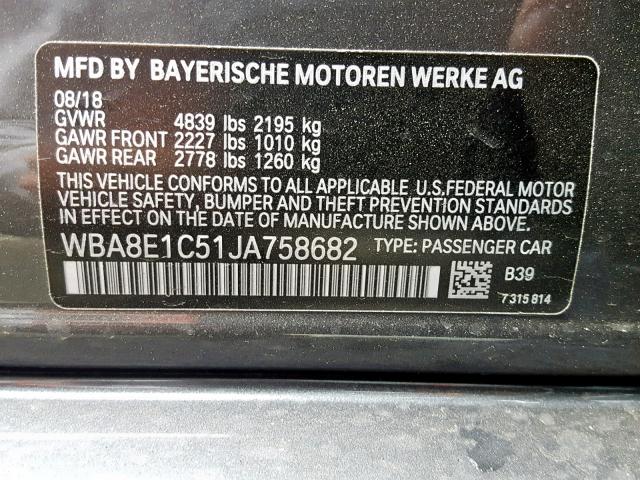 WBA8E1C51JA758682 - 2018 BMW 330E CHARCOAL photo 10