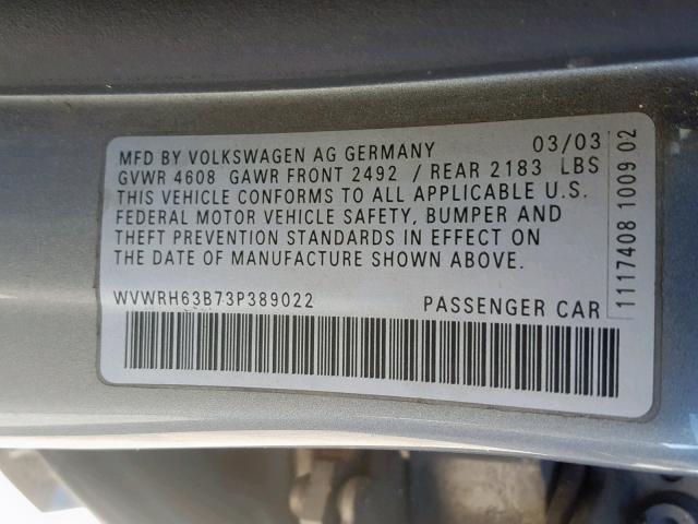 WVWRH63B73P389022 - 2003 VOLKSWAGEN PASSAT GLX SILVER photo 10