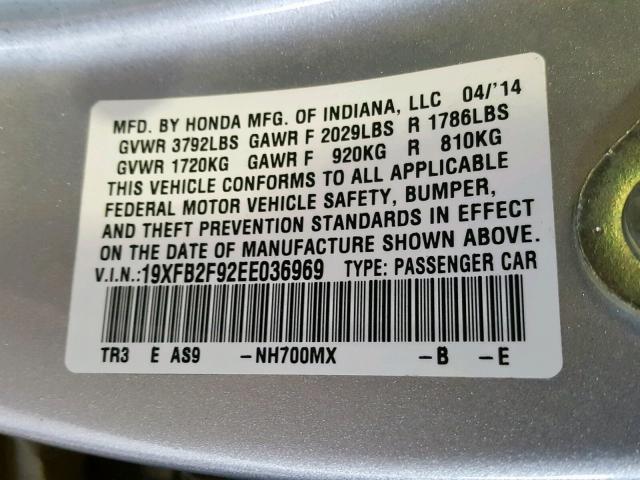 19XFB2F92EE036969 - 2014 HONDA CIVIC EXL SILVER photo 10