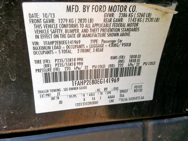 1FAHP2E80EG141969 - 2014 FORD TAURUS SEL BLACK photo 10