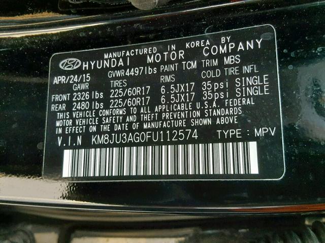 KM8JU3AG0FU112574 - 2015 HYUNDAI TUCSON LIM BLACK photo 10