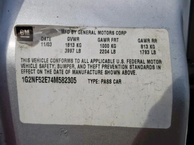 1G2NF52E74M582305 - 2004 PONTIAC GRAND AM S SILVER photo 10