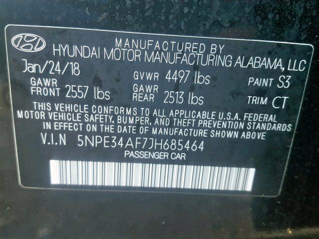 5NPE34AF7JH685464 - 2018 HYUNDAI SONATA SPO BLACK photo 10