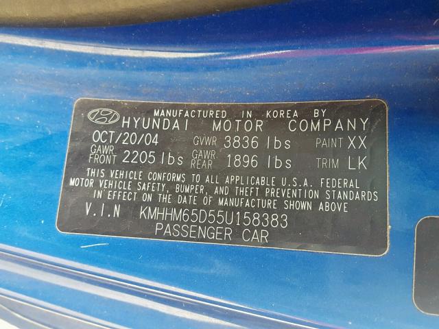 KMHHM65D55U158383 - 2005 HYUNDAI TIBURON BLUE photo 10