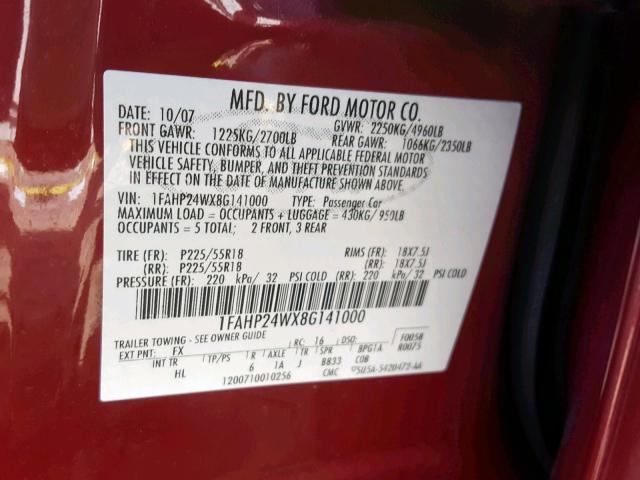 1FAHP24WX8G141000 - 2008 FORD TAURUS SEL MAROON photo 10