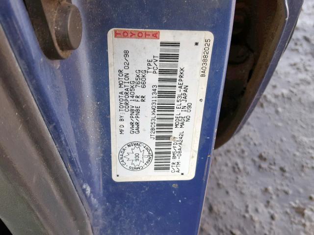 JT2BC53LXW0311343 - 1998 TOYOTA TERCEL CE BLUE photo 10