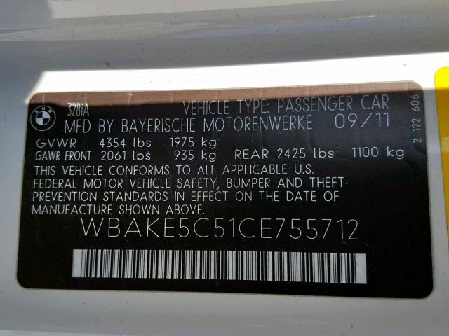 WBAKE5C51CE755712 - 2012 BMW 328 I SULE WHITE photo 10