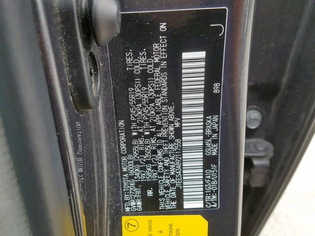 JTEES43A892117558 - 2009 TOYOTA HIGHLANDER CHARCOAL photo 10