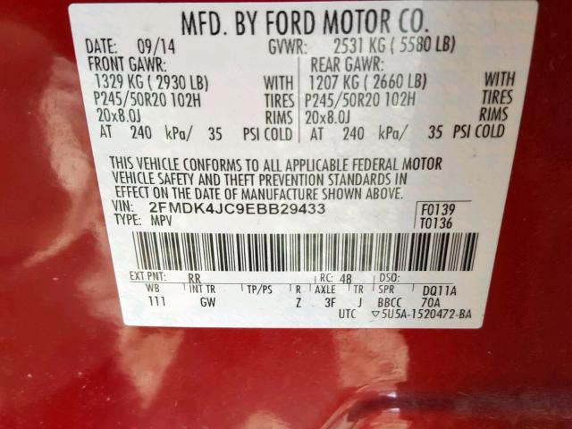 2FMDK4JC9EBB29433 - 2014 FORD EDGE SEL RED photo 10