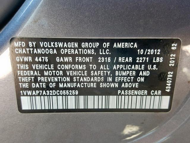 1VWAP7A32DC055259 - 2013 VOLKSWAGEN PASSAT S GRAY photo 10