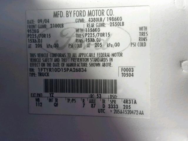 1FTYR10D15PA26834 - 2005 FORD RANGER WHITE photo 10