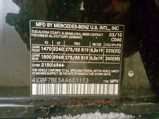 4JGBF7BE3AA601113 - 2010 MERCEDES-BENZ GL 450 4MA BLACK photo 10