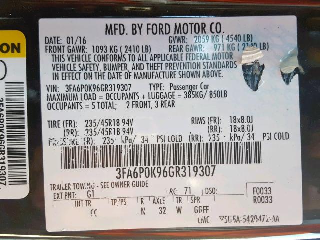 3FA6P0K96GR319307 - 2016 FORD FUSION TIT BLACK photo 10