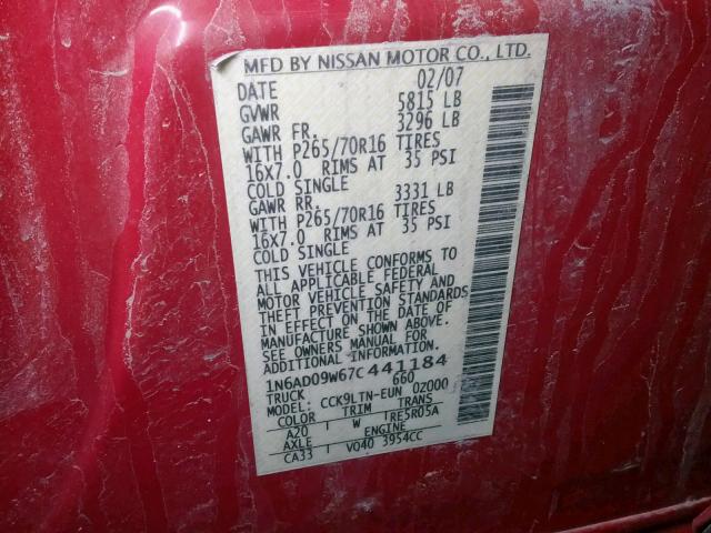 1N6AD09W67C441184 - 2007 NISSAN FRONTIER C RED photo 10