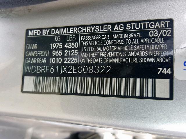 WDBRF61JX2E008322 - 2002 MERCEDES-BENZ C 240 SILVER photo 10