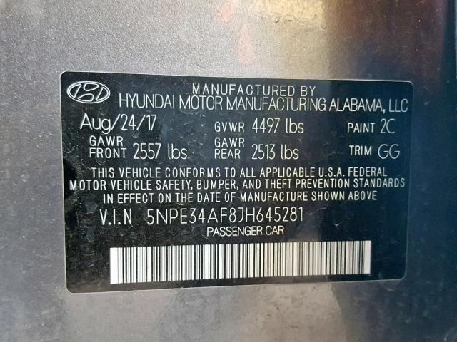 5NPE34AF8JH645281 - 2018 HYUNDAI SONATA SPO GRAY photo 10