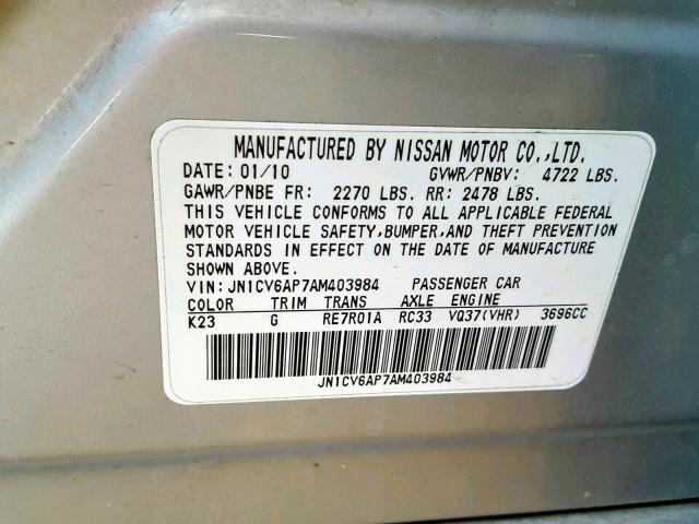 JN1CV6AP7AM403984 - 2010 INFINITI G37 BASE SILVER photo 10