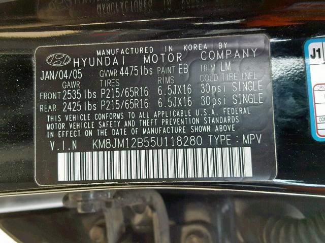 KM8JM12B55U118280 - 2005 HYUNDAI TUCSON GL BLACK photo 10