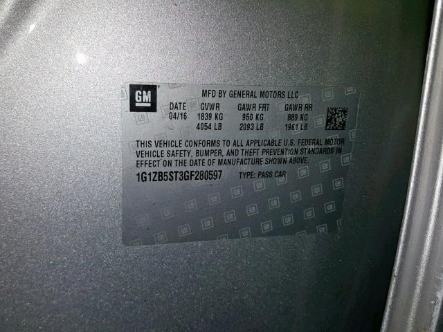 1G1ZB5ST3GF280597 - 2016 CHEVROLET MALIBU LS SILVER photo 10