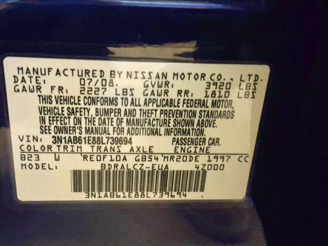 3N1AB61E88L739694 - 2008 NISSAN SENTRA 2.0 BLUE photo 10