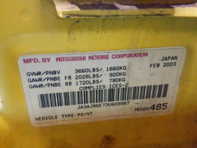 JA3AJ86E73U609987 - 2003 MITSUBISHI LANCER OZ YELLOW photo 10