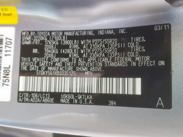 5TDKY5G1XBS035125 - 2011 TOYOTA SEQUOIA LI SILVER photo 10