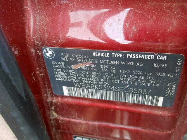 WBABK5324SEC85837 - 1995 BMW 318 IC RED photo 10