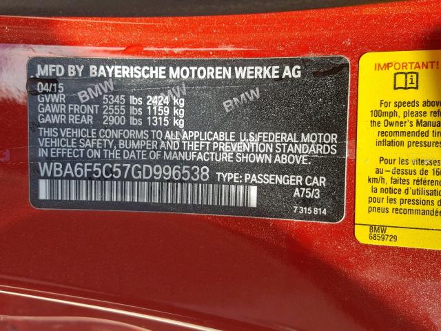 WBA6F5C57GD996538 - 2016 BMW 650 I RED photo 10