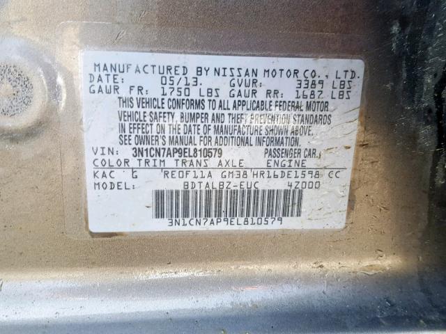 3N1CN7AP9EL810579 - 2014 NISSAN VERSA S GRAY photo 10