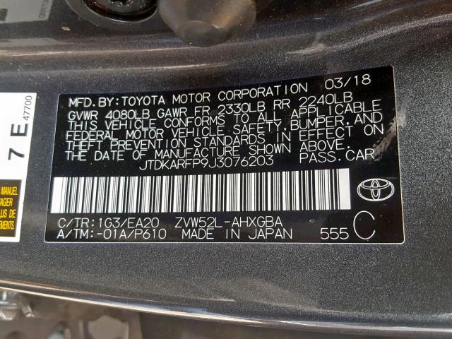 JTDKARFP9J3076203 - 2018 TOYOTA PRIUS PRIM 灰色 照片 10